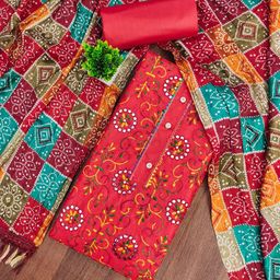BlissFlair Floral Embroidered Mirror Work Pure Cotton Unstitched Dress Material-image-0