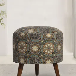 GLOBALLY INDIAN Beige & Brown Printed Velvet & Wooden Round Ottoman-9