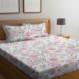 Aura White & Pink Floral Printed 300 TC King Bedsheet Set 2.7 m x 2.6 m-image-38