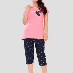 SWEET MOON Typography Printed T-Shirt With Capri Night Suit-image-83