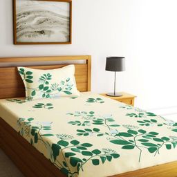 Fashion String Green & Cream-Coloured Floral 144 TC Single Bedsheet with 1 Pillow Covers-12