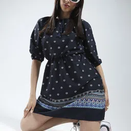 Sera Ethnic Motifs Print Tie-Up Neck Puff Sleeve Crepe Fit & Flare Mini Dress-picture-17
