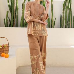 JISORA Women's Brown Printed Cotton Top With Trousers Co-Ord Set-image-59