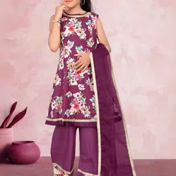 Navlik Girls Floral Printed Round Neck A-Line Thread Work Kurta With Palazzos & Dupatta-picture-58