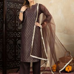 House of Pataudi Woven Design Notch Neck Chanderi Cotton Kurta & Palazzos With Dupatta-picture-53