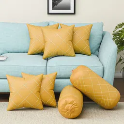 Aura Yellow & Gold-Toned 7 Pieces Square Cushion & Bolster Covers-13