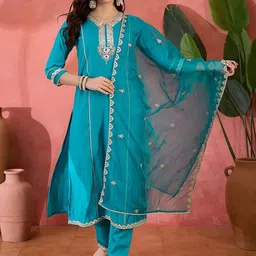 Sangria Embroidered V Neck Kurta & Trouser & Dupatta Set-picture-22