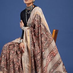 Taavi Hand Block Printed Silk Blend Kalamkari Saree with Attached Blouse-image-63