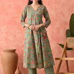 Sangria Floral Printed V-Neck Angrakha Kurta & Trousers With Dupatta-picture-7