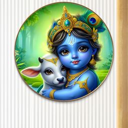 Myntra Elegant Homes Blue & Green Wooden Religious Little Krishna with Calf Wall Art-29