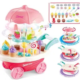 Ice-Cream Trolley Kitchen Pretend Play Cart Set Toy with Light & Music for Girls-13