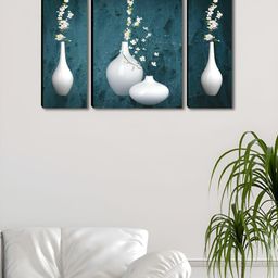 SAF White & Blue 3 Pieces Vase Floral Wooden Wall Arts-picture-0