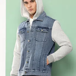 Kaali Peeli Men Washed Crop Outdoor Denim Jacket with Patchwork-image-35