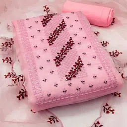 Panzora Floral Embroidered Thread Work Organza Unstitched Dress Material-image-39