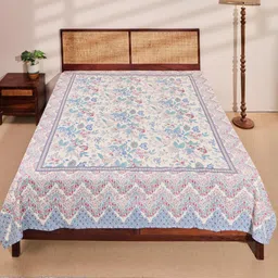 Fabindia Blue & White Printed Cotton Double King Bed Cover-image-91