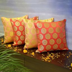 RoyalDeco Coral & Peach 4 Pieces Ethnic Motifs Brocade Square Cushion Covers-image-8