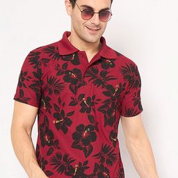 KASMA Men Floral Printed Polo Collar Cotton T-shirt-image-96