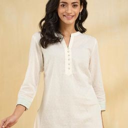 Fabindia Striped Embroidered Mandarin Collar Straight Pure Cotton Kurta-1