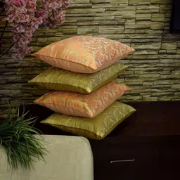RoyalDeco Bageecha Peach-Coloured 4 Pieces Ethnic Brocade Silk Square Cushion Covers image 5