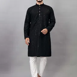 ALMORA Men Ethnic Motifs Embroidered Regular Sequinned Pure Cotton Kurta with Pyjamas-picture-9