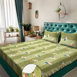 KLOTTHE Green Cartoon Printed Pure Cotton 400 TC Double Bedsheet Set 2.5 m x 2.25 m-image-64