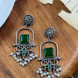 NAMAN ARTS Silver-Plated Artificial Stones Studded Geometric Drop Earrings-36