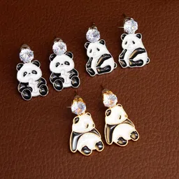 PRIVIU Set Of 3 Gold-Plated American Diamond Studded Panda Drop Earrings-24