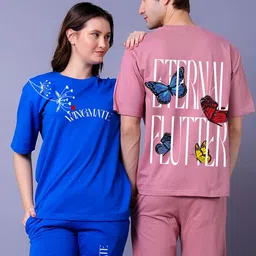 Lazy Lush Pack Of 2 Eternal Flutter Printed Round Neck T-Shirt With Joggers Couple Co-Ords-80