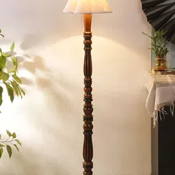 Devansh Off-White & Brown Cotton Wooden Floor Lamp-37