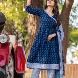 KALINI Floral Printed Pleated V-Neck Pure Cotton Anarkali Kurta With Trousers & Dupatta-51