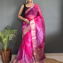 V3 FASHION STUDIO Tie and Dye Zari Organza Leheriya Saree-image-56