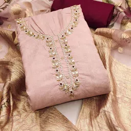 HERE&NOW Floral Embroidered Beads & Stones Cembric Cotton Unstitched Dress Material-image-51