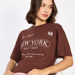 Mast & Harbour Women Typography Printed Round Neck Cotton Oversized T-shirt-picture-16