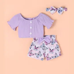 Hopscotch Girls Lavender Ribbed Top & Butterfly Printed Shorts With Bow Waist Belt-picture-29