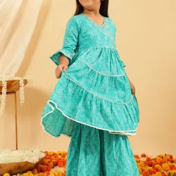 BANDIA Girls Bandhani Printed Tiered Gotta Patti Pure Cotton Kurta with Sharara-picture-1