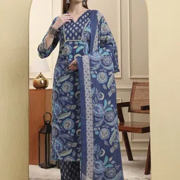Yufta Floral Printed Pure Cotton V-Neck Straight Kurta With Trousers And Dupatta-picture-24