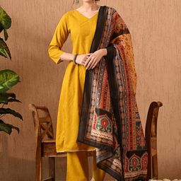 Anouk Rustic V-Neck Regular Sleeves A-Line Kurta With Palazzos & Dupatta-image-48