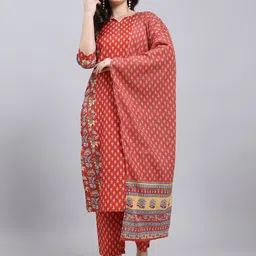 THE FAB FACTORY Floral Printed Notch Neck Mirror Work Straight Kurta Trousers & Dupatta-image-15