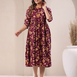 Janasya Floral Printed Pure Cotton Gathered Ethnic Dress-image-63