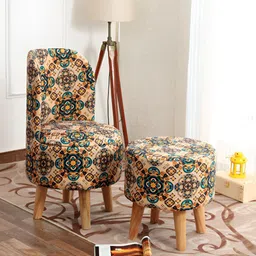 NACIA 2 Pcs Green & Beige Printed Wooden Round Chair & Stool Ottomans-43