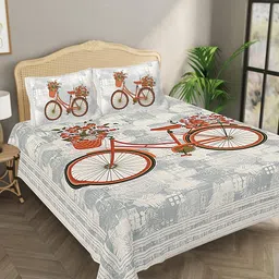 Aura Grey & Brown Graphic 144 TC Pure Cotton King Bedsheet With 2 Pillow Covers-image-60