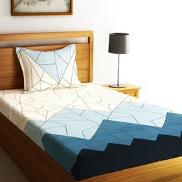 Fashion String Blue & White Geometric 144 TC Single Bedsheet with 1 Pillow Covers-image-83