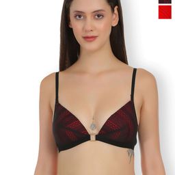 SELFCARE Pack of 2 Net Embroided Half Coverage Lightly Padded Plunge Bra-picture-9