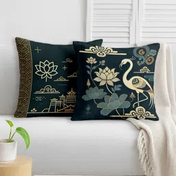 STITCHNEST Blue & Off White 2 Pieces Ethnic Motifs Satin Square Cushion Covers-image-96