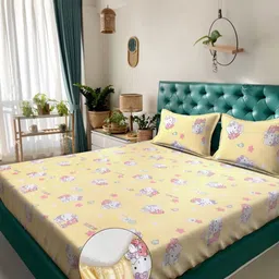 KLOTTHE Yellow And White Printed Pure Cotton 400 TC Double Bedsheet Set- 2.5 m x 2.25 m-image-1