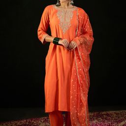 Indo Era Women Ethnic Motifs Embroidered Liva Kurta with Trousers & With Dupatta-image-23
