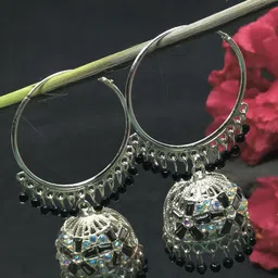 Soniya Crafts Silver-Plated Stones Studded & Beaded Dome Shaped Oxidised Jhumkas-image-77
