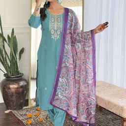 Moda Rapido Floral Embroidered Thread Work Chanderi Silk Kurta With Trousers & Dupatta-picture-32