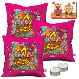 Indigifts Set Of 6 Pink Printed Square Cushions With Greeting Card & Tea Light Candles-16