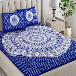 CHICERY Blue & White Ethnic Motifs 210 TC King Bedsheet with 2 Pillow Covers-picture-5
